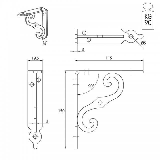 SHELF BRACKET RUSTIQUE BLACK 150x115